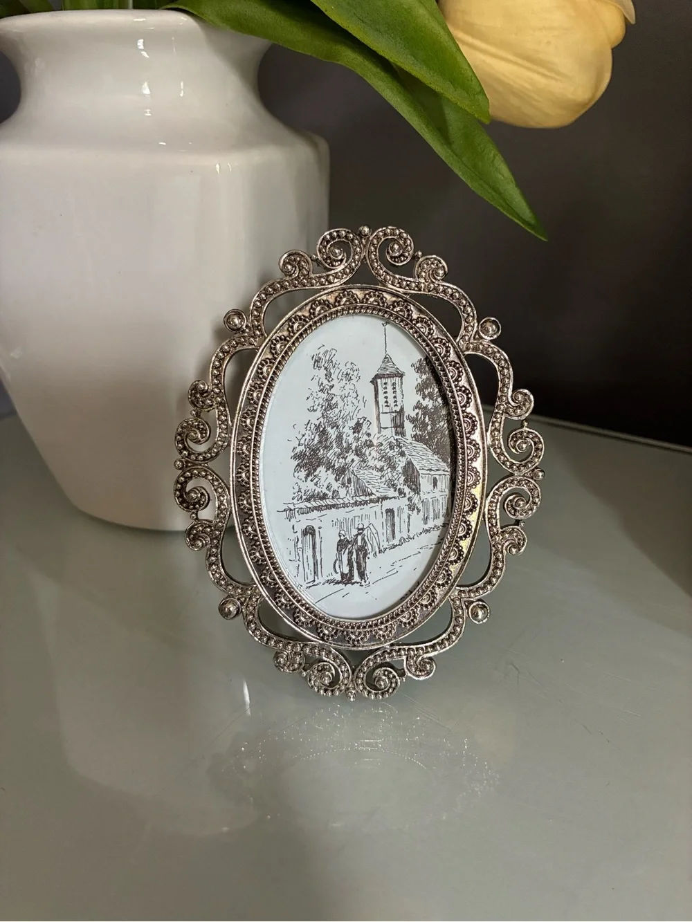 Vintage Silver Tone Metal Scroll Ornate Mini Picture Frame